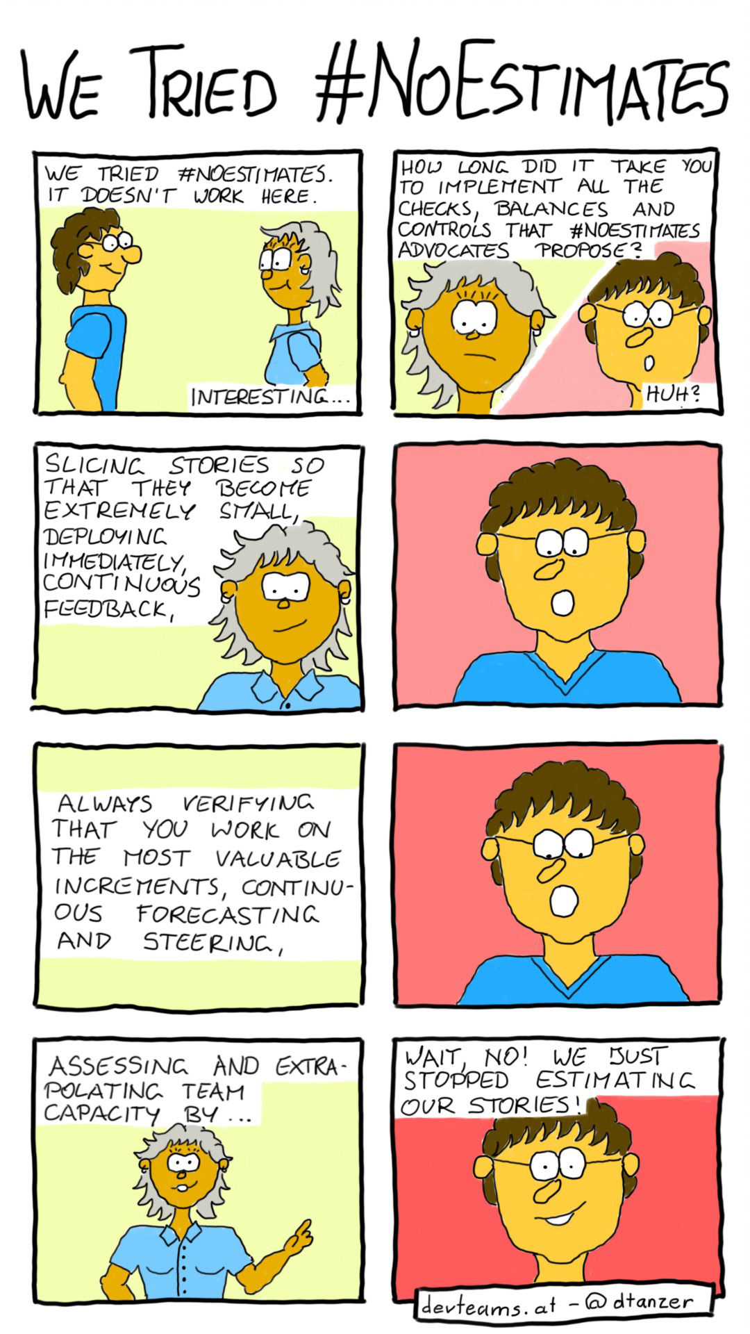 Comic about a company that says it tried NoEstimates, but really didn't. Transcript below.